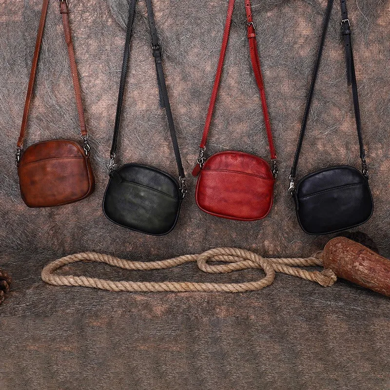 Vintage Small Leather Womens Round Red Shoulder Bag Handmade Around Crossbody Purse for Ladies