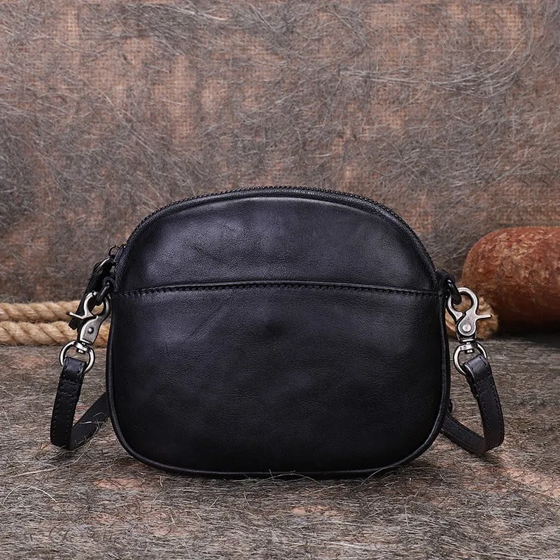 Vintage Small Leather Womens Round Red Shoulder Bag Handmade Around Crossbody Purse for Ladies