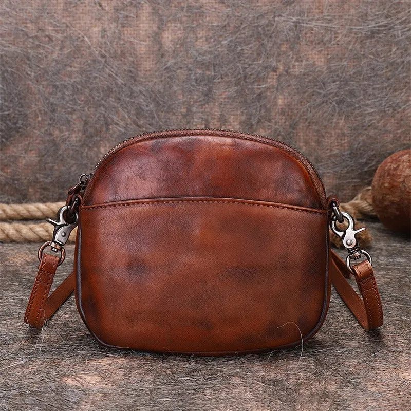 Vintage Small Leather Womens Round Red Shoulder Bag Handmade Around Crossbody Purse for Ladies