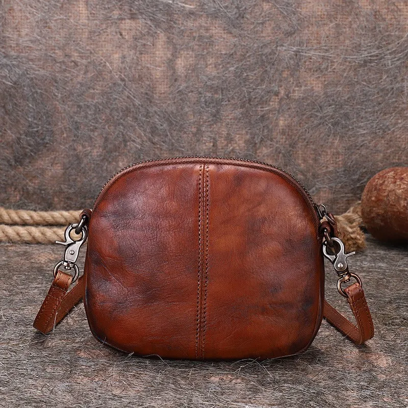Vintage Small Leather Womens Round Red Shoulder Bag Handmade Around Crossbody Purse for Ladies