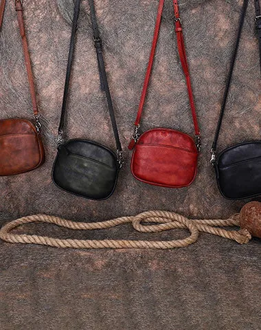 Vintage Small Leather Womens Round Red Shoulder Bag Handmade Around Crossbody Purse for Ladies