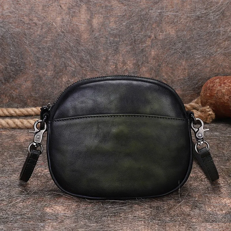 Vintage Small Leather Womens Round Red Shoulder Bag Handmade Around Crossbody Purse for Ladies