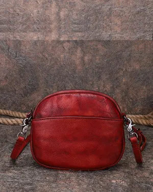 Vintage Small Leather Womens Round Red Shoulder Bag Handmade Around Crossbody Purse for Ladies