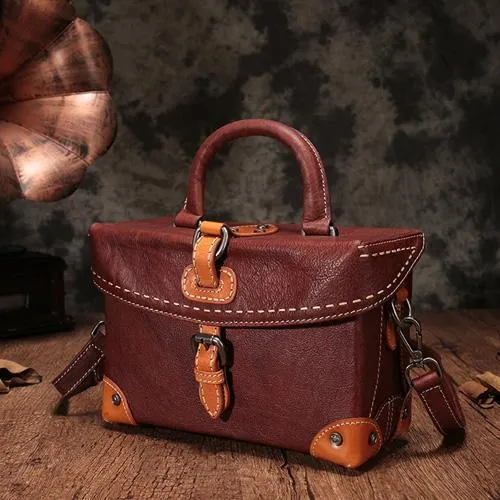 Vintage Women Red Brown Leather Doctor Purse Box Satchel Handbag Shoulder Crossbody Bags Purses