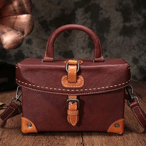 Vintage Women Red Brown Leather Doctor Purse Box Satchel Handbag Shoulder Crossbody Bags Purses