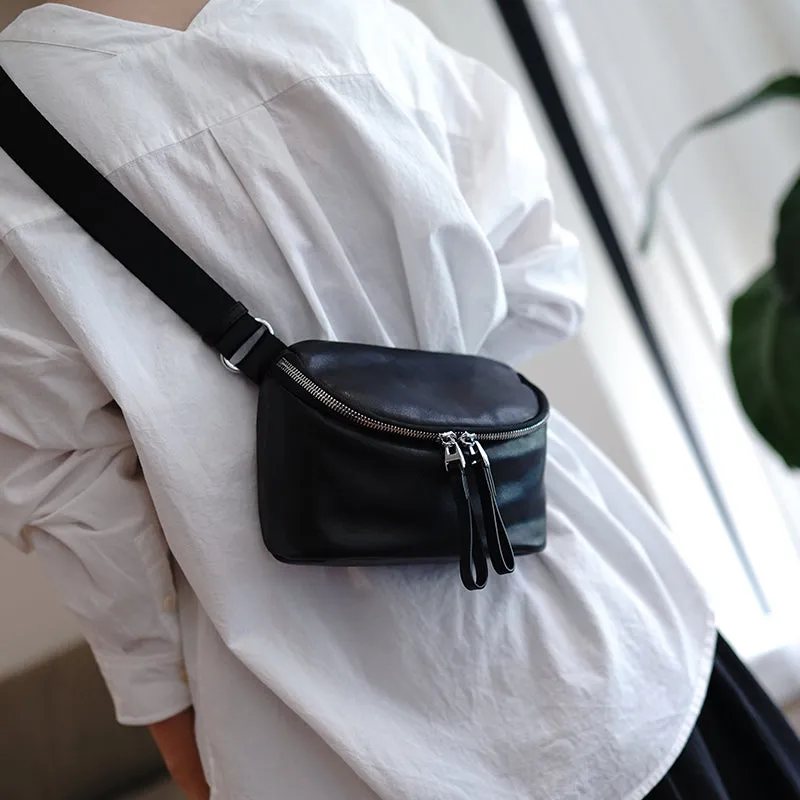 Vintage Womens Black Leather Small Chest Bag Small Sling Bag for Women