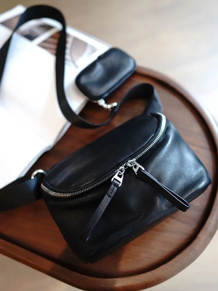 Vintage Womens Black Leather Small Chest Bag Small Sling Bag for Women