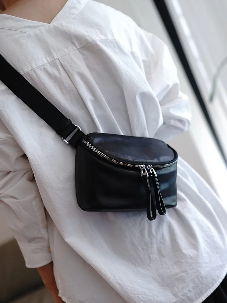 Vintage Womens Black Leather Small Chest Bag Small Sling Bag for Women