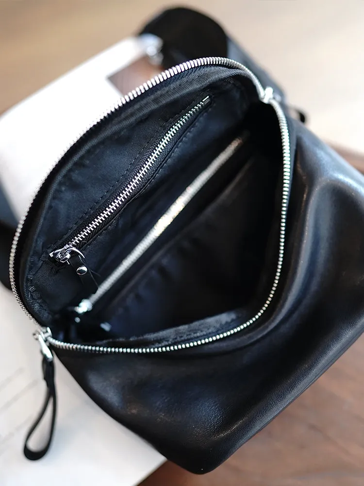 Vintage Womens Black Leather Small Chest Bag Small Sling Bag for Women