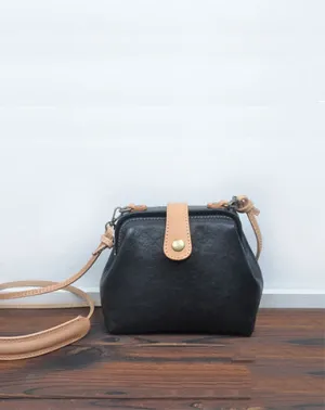 Vintage Womens Black Leather Small Doctor Shoulder Bag Black Doctor Crossbody Purse for Women