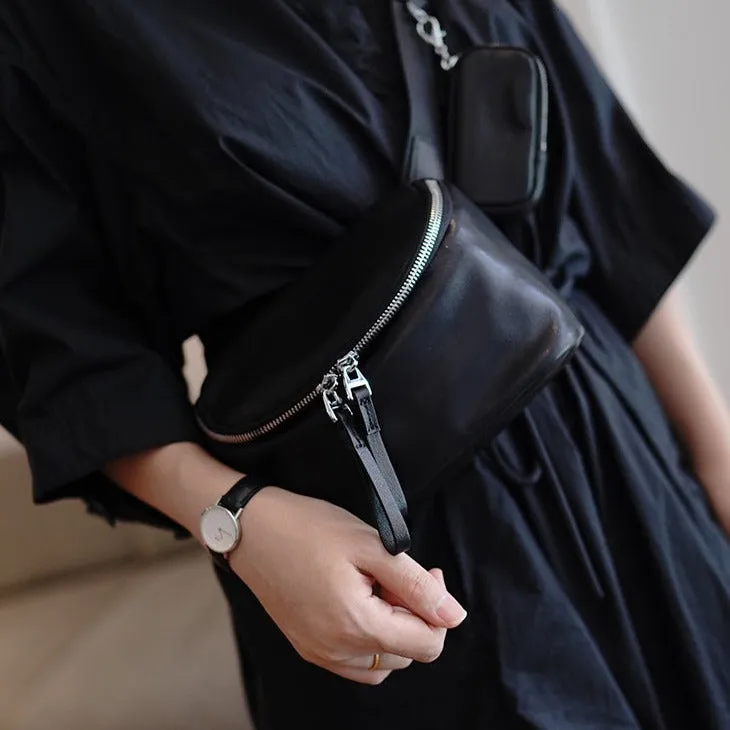 Vintage Womens Black Leather Small Small Sling Bag Chest Bag for Women