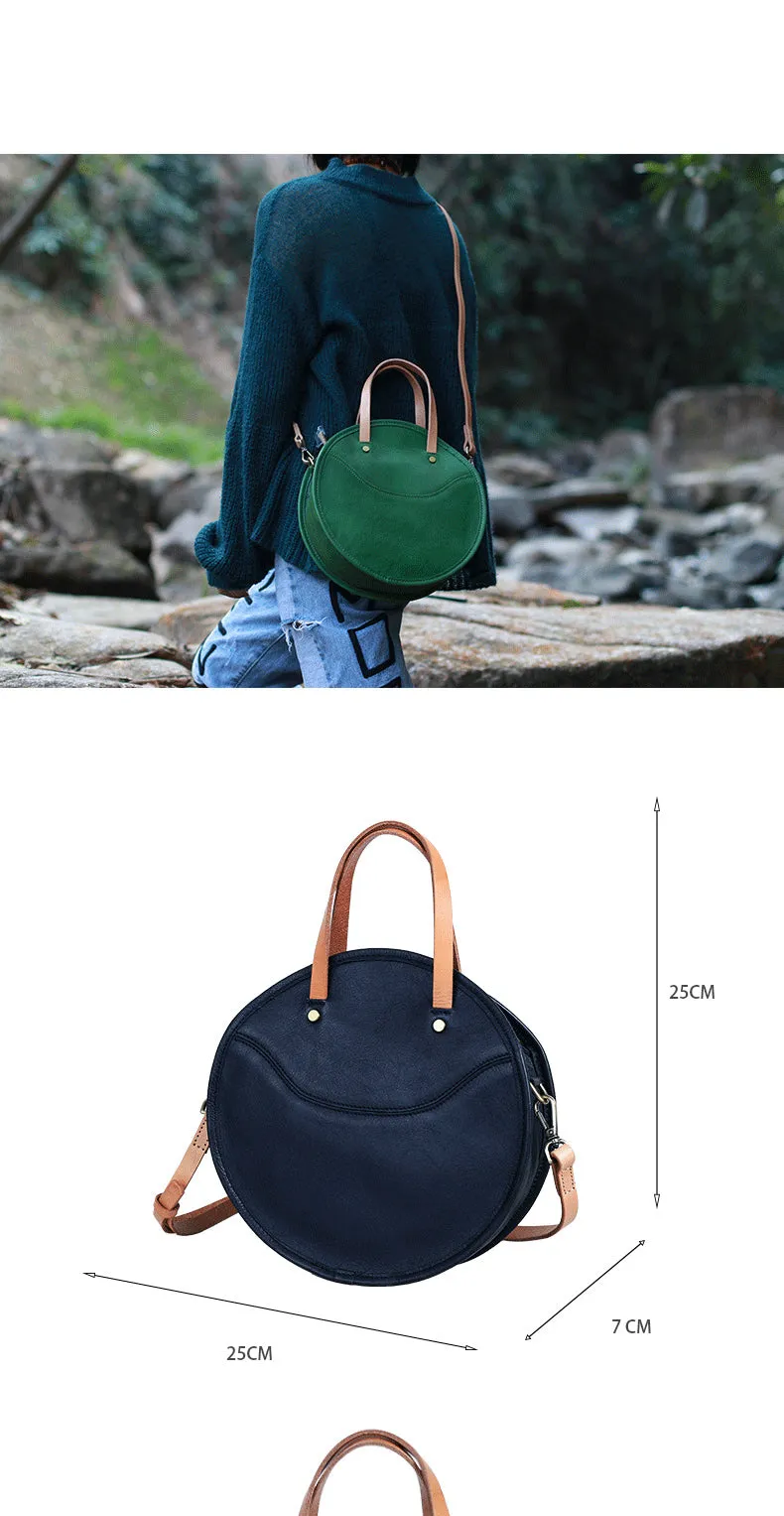 Vintage Womens Blue Leather Round Handbag Purses Green Round Shoulder Bag Crossbody Purse for Women