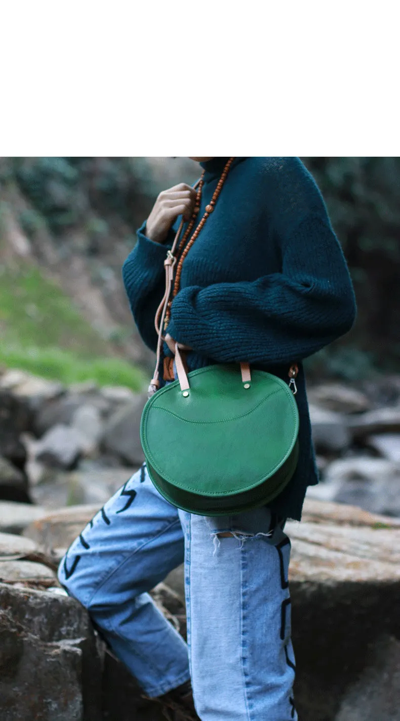 Vintage Womens Blue Leather Round Handbag Purses Green Round Shoulder Bag Crossbody Purse for Women
