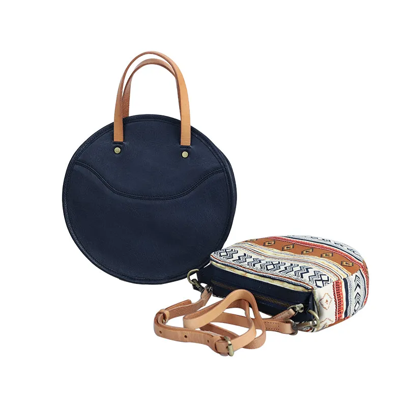 Vintage Womens Blue Leather Round Handbag Purses Green Round Shoulder Bag Crossbody Purse for Women