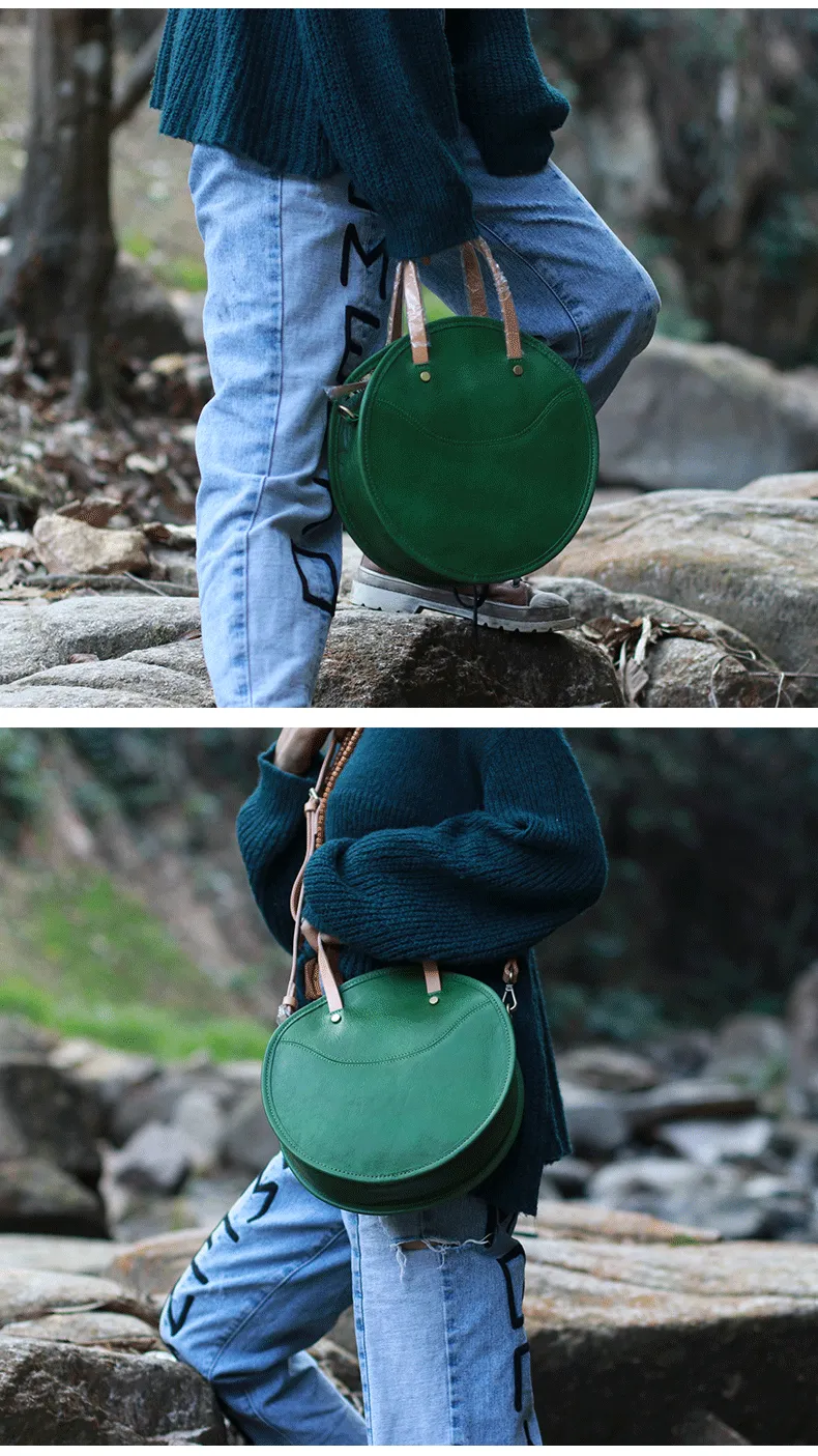 Vintage Womens Blue Leather Round Handbag Purses Green Round Shoulder Bag Crossbody Purse for Women