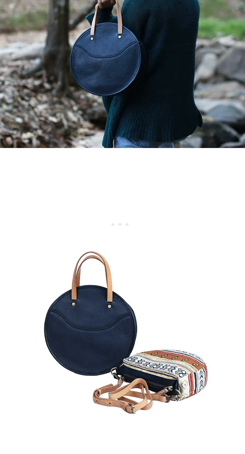 Vintage Womens Blue Leather Round Handbag Purses Green Round Shoulder Bag Crossbody Purse for Women