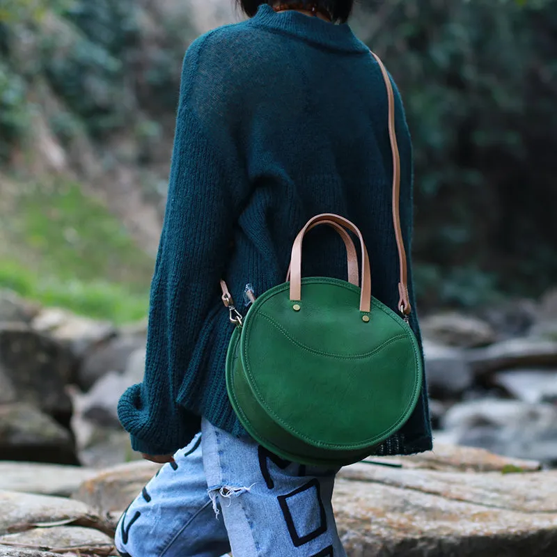 Vintage Womens Blue Leather Round Handbag Purses Green Round Shoulder Bag Crossbody Purse for Women