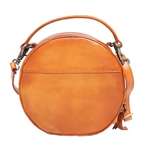 Vintage Womens Brown leather Circle Handbag Shoulder Bag Black Round Leather Crossbody Bag Side Purse
