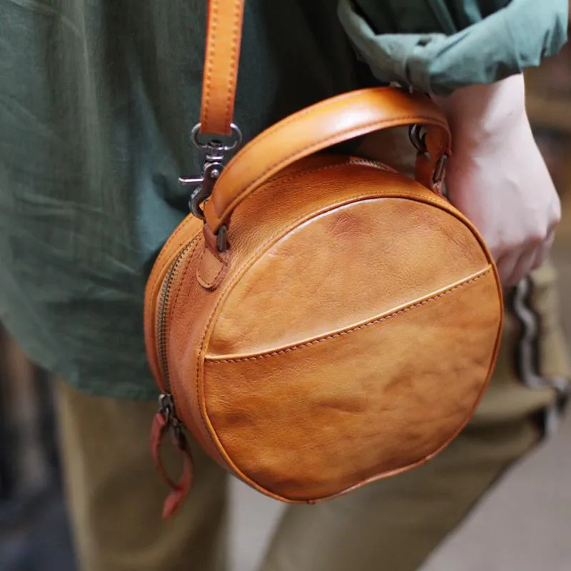 Vintage Womens Brown leather Circle Handbag Shoulder Bag Black Round Leather Crossbody Bag Side Purse