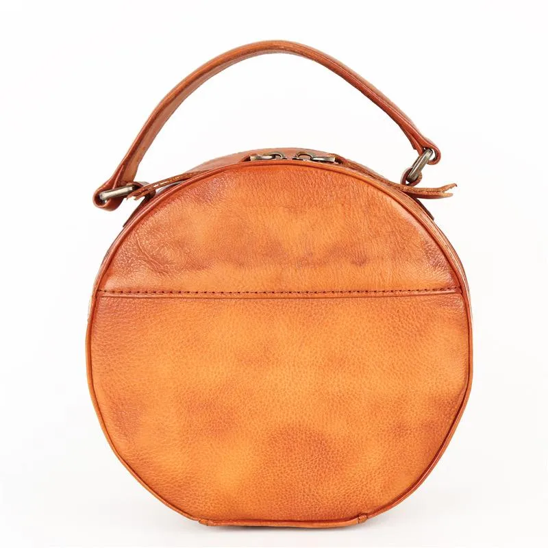 Vintage Womens Brown leather Circle Handbag Shoulder Bag Black Round Leather Crossbody Bag Side Purse