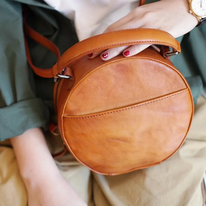 Vintage Womens Brown leather Circle Handbag Shoulder Bag Black Round Leather Crossbody Bag Side Purse