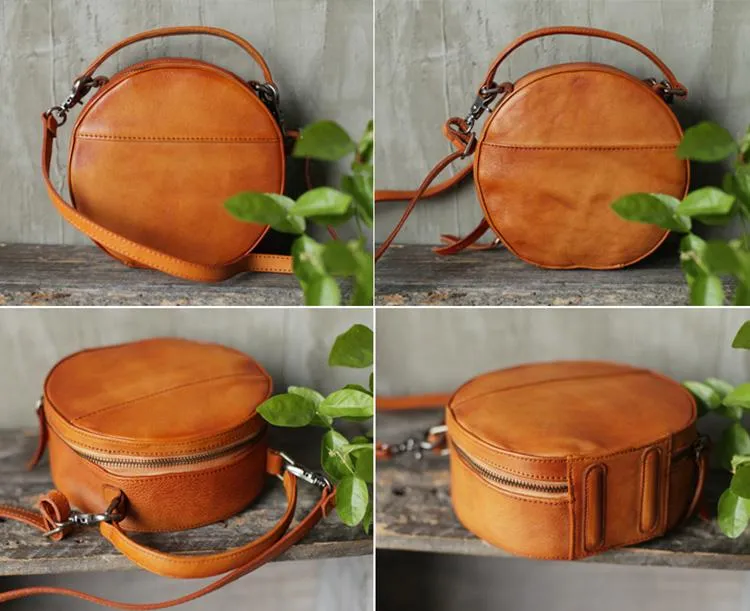 Vintage Womens Brown leather Circle Handbag Shoulder Bag Black Round Leather Crossbody Bag Side Purse