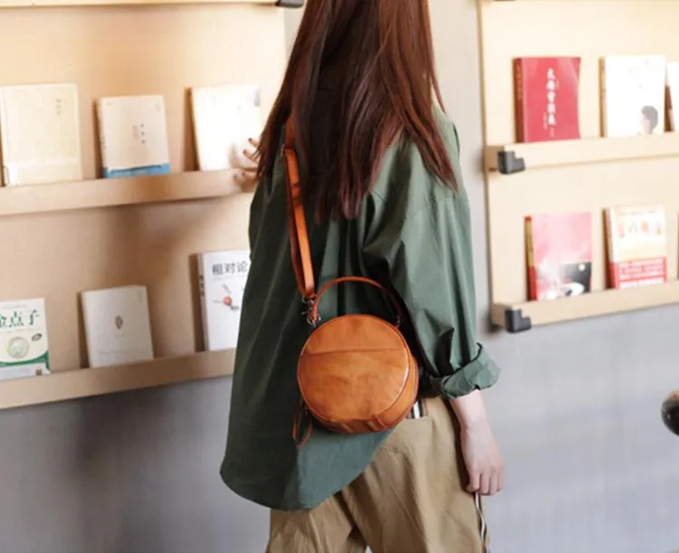 Vintage Womens Brown leather Circle Handbag Shoulder Bag Black Round Leather Crossbody Bag Side Purse