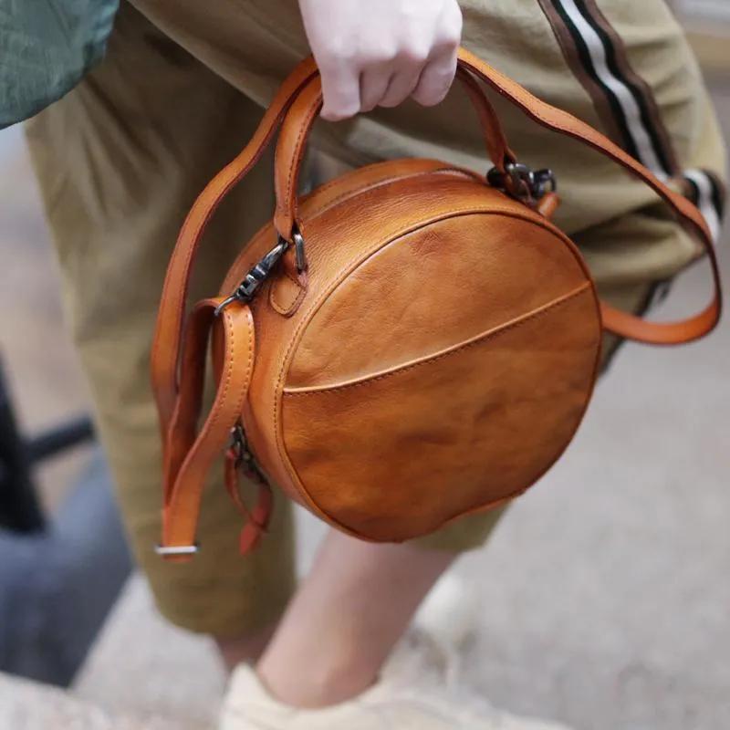Vintage Womens Brown leather Circle Handbag Shoulder Bag Black Round Leather Crossbody Bag Side Purse
