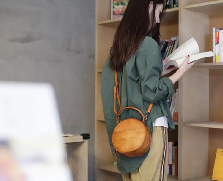 Vintage Womens Brown leather Circle Handbag Shoulder Bag Black Round Leather Crossbody Bag Side Purse