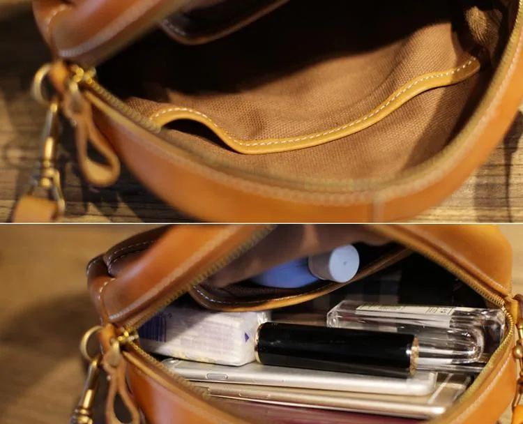 Vintage Womens Brown Leather Round Shoulder Bag Shaped Leather Circle Bag Round Crossbody Bag Purse