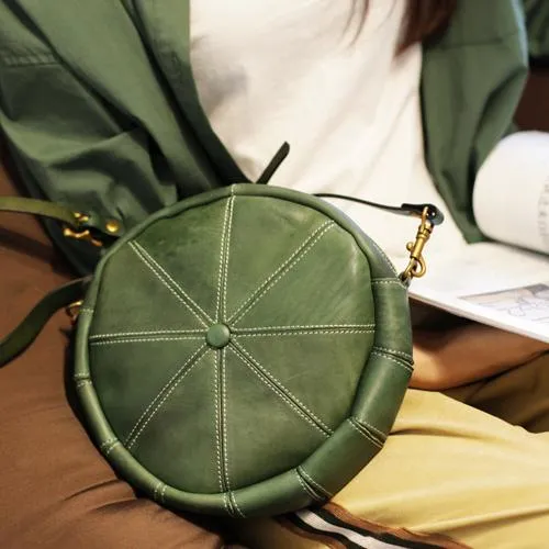 Vintage Womens Brown Leather Round Shoulder Bag Shaped Leather Circle Bag Round Crossbody Bag Purse