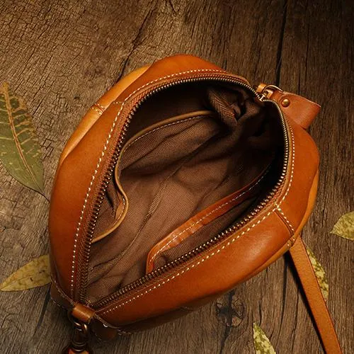 Vintage Womens Brown Leather Round Shoulder Bag Shaped Leather Circle Bag Round Crossbody Bag Purse