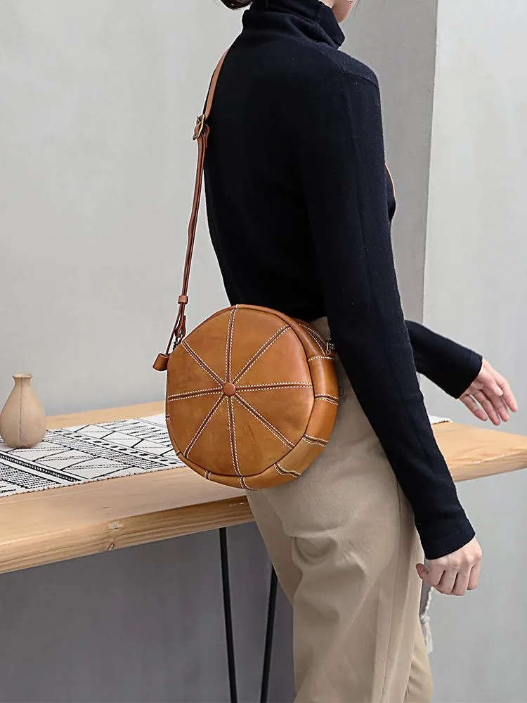 Vintage Womens Brown Leather Round Shoulder Bag Shaped Leather Circle Bag Round Crossbody Bag Purse