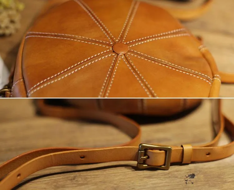 Vintage Womens Brown Leather Round Shoulder Bag Shaped Leather Circle Bag Round Crossbody Bag Purse