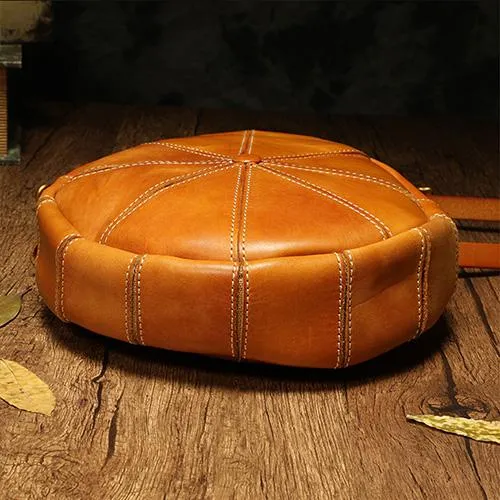 Vintage Womens Brown Leather Round Shoulder Bag Shaped Leather Circle Bag Round Crossbody Bag Purse