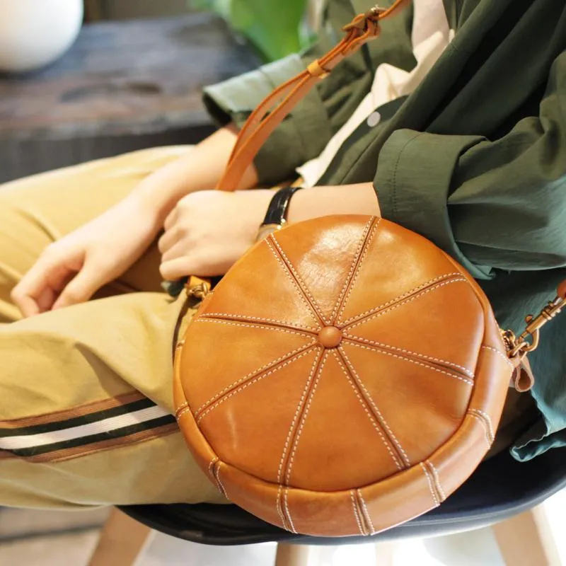 Vintage Womens Brown Leather Round Shoulder Bag Shaped Leather Circle Bag Round Crossbody Bag Purse