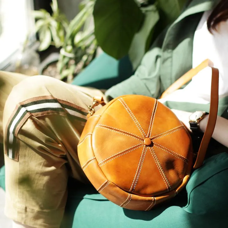 Vintage Womens Brown Leather Round Shoulder Bag Shaped Leather Circle Bag Round Crossbody Bag Purse