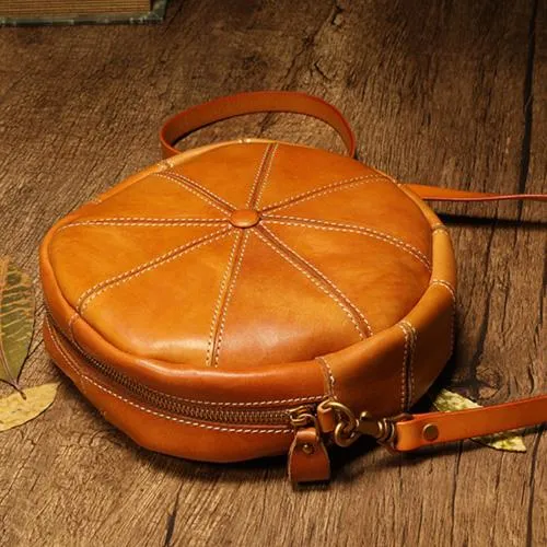 Vintage Womens Brown Leather Round Shoulder Bag Shaped Leather Circle Bag Round Crossbody Bag Purse