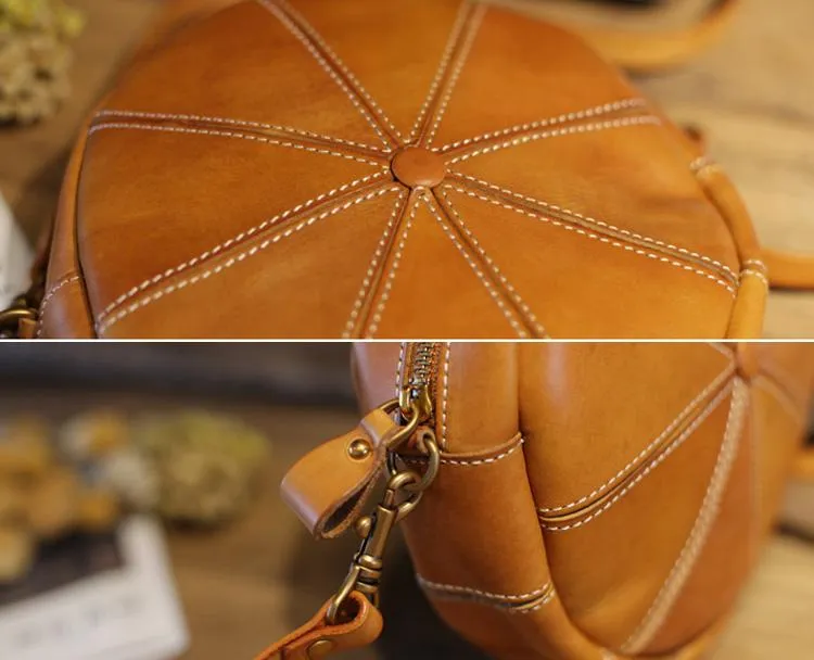 Vintage Womens Brown Leather Round Shoulder Bag Shaped Leather Circle Bag Round Crossbody Bag Purse