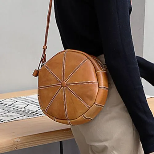 Vintage Womens Brown Leather Round Shoulder Bag Shaped Leather Circle Bag Round Crossbody Bag Purse