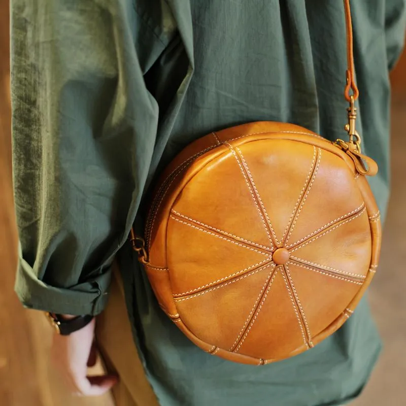 Vintage Womens Brown Leather Round Shoulder Bag Shaped Leather Circle Bag Round Crossbody Bag Purse