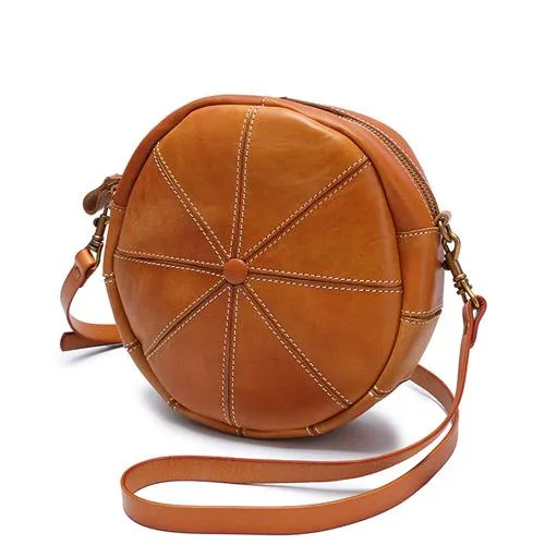 Vintage Womens Brown Leather Round Shoulder Bag Shaped Leather Circle Bag Round Crossbody Bag Purse