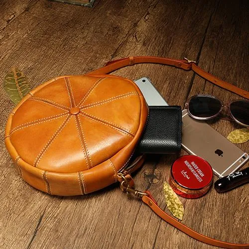 Vintage Womens Brown Leather Round Shoulder Bag Shaped Leather Circle Bag Round Crossbody Bag Purse