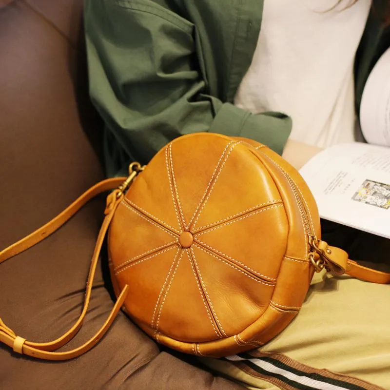 Vintage Womens Brown Leather Round Shoulder Bag Shaped Leather Circle Bag Round Crossbody Bag Purse