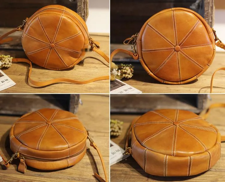 Vintage Womens Brown Leather Round Shoulder Bag Shaped Leather Circle Bag Round Crossbody Bag Purse