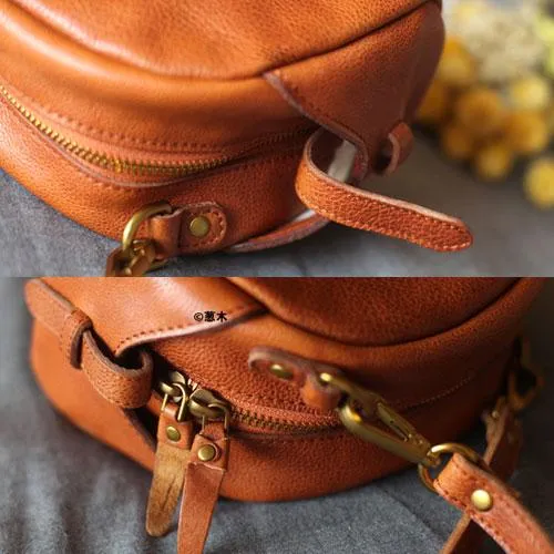 Vintage Womens Brown Leather Small Saddle Shoulder Bag Green Round Leather Shaped Crossbody Purses Circle Bag