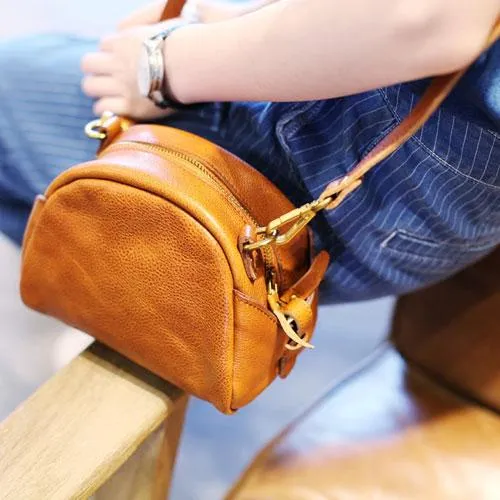 Vintage Womens Brown Leather Small Saddle Shoulder Bag Green Round Leather Shaped Crossbody Purses Circle Bag