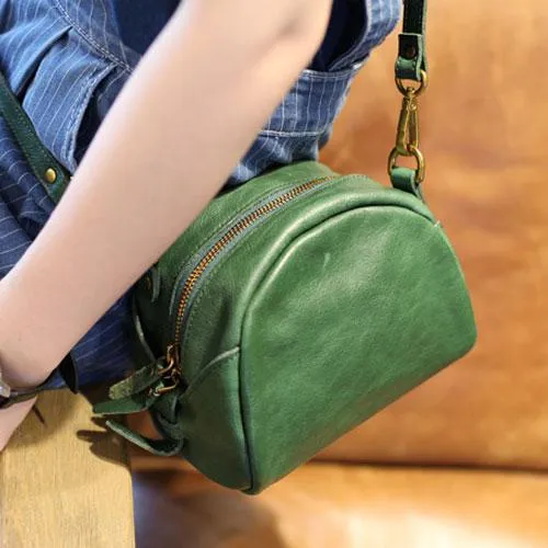 Vintage Womens Brown Leather Small Saddle Shoulder Bag Green Round Leather Shaped Crossbody Purses Circle Bag
