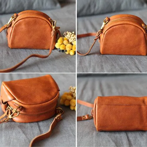 Vintage Womens Brown Leather Small Saddle Shoulder Bag Green Round Leather Shaped Crossbody Purses Circle Bag