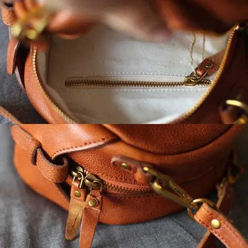 Vintage Womens Brown Leather Small Saddle Shoulder Bag Green Round Leather Shaped Crossbody Purses Circle Bag